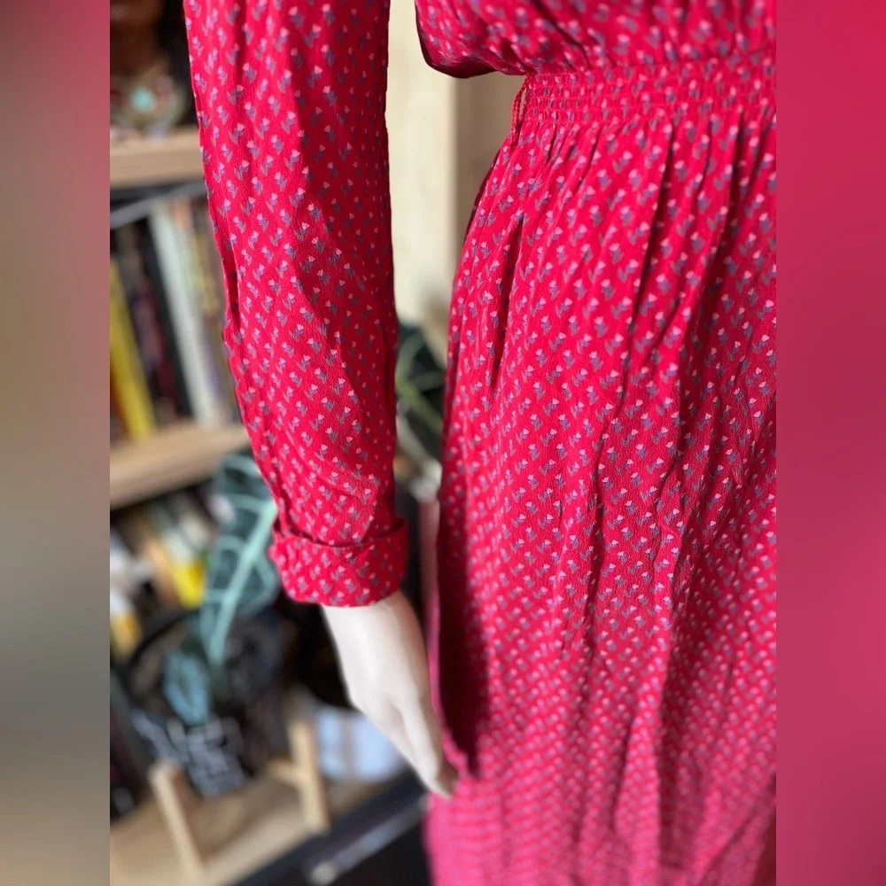 Classic red Neiman Marcus floral modest prairie vintage SILK Dress-6